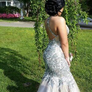 Jovani Silver Beaded Illusion Mermaid Prom Dress, Size 2.